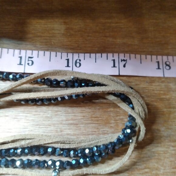 Chico's Black AB Crystal Beads with tan Leather Necklace Lariate - Picture 7 of 7